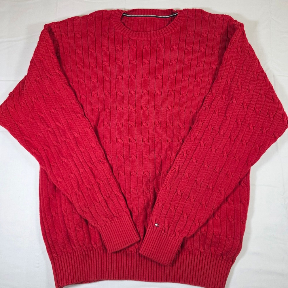 Tommy Hilfiger Mens Red Cable Knit Cotton Crew Neck Sweater RN 15481 Large